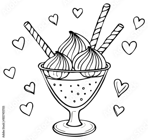 Sweet Treat Ice Cream Sundae with Wafers and Hearts in Hand Drawn Style Illustration