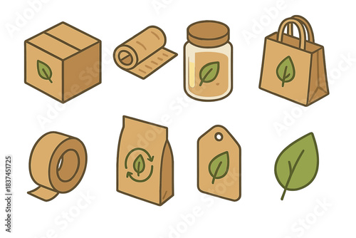Eco-Friendly Packaging Icons. Eco-Friendly Packaging flat icons: cardboard box, paper wrap, glass jar, jute bag, paper tape, compostable pouch, eco label, leaf icon