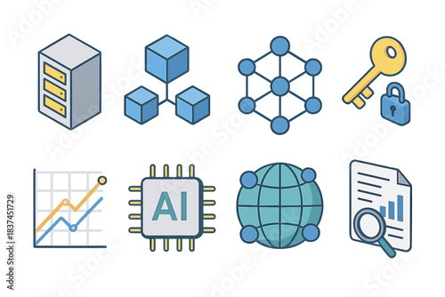 Blockchain Icons Collection. Decentralized Ledger System flat icons: server icon, blockchain cube, peer network, encryption key, transaction chart, AI chip, global nodes, audit