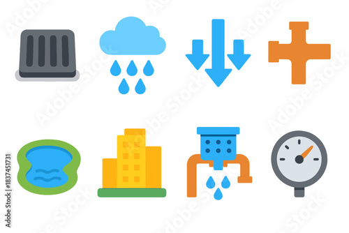 Urban Water Icons. Urban Stormwater System modern flat vector icons: drainage grate, rain cloud, water flow arrows, underground pipe, retention pond, city building, filtration unit