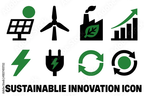 Brutalist Eco Icons. Sustainable Innovation silhouette set: solar cell, wind blade, bioenergy plant, efficiency chart, green lightning bolt, smart plug, clean loop, renewable icon