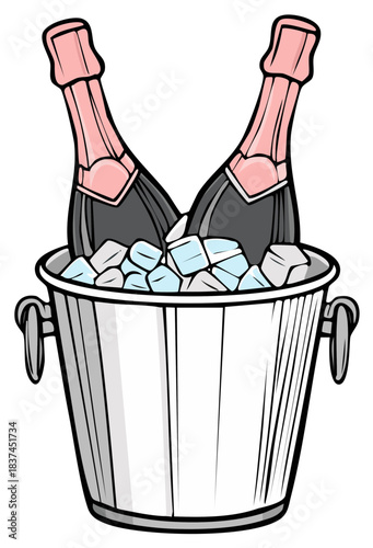 Two cartoon rosé champagne bottles chilling in a silver ice bucket for a festive celebration