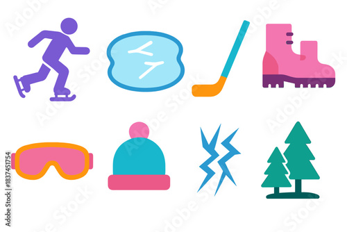 Winter Activity Icons. Frosted Fun Zone modern flat vector icons: skater silhouette, frozen pond, hockey stick, snow boots, goggles, snow hat, ice cracks, pine trees