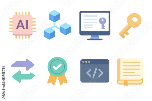 Isometric Tech Icons. Automated Contract Platform flat icons: AI chip, blockchain cube, computer screen, key icon, transaction arrows, approval badge, code window, ledger book