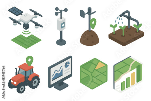Smart Farming Icons. Smart Agriculture Monitoring flat icons: satellite drone, weather station, soil sensor, irrigation system, tractor with GPS, data analytics screen, field map,