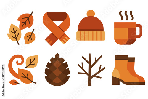Autumn Icons Collection. Autumn Breeze in geometric flat style: falling leaves, scarf, cozy hat, steaming mug, leaf swirl, pinecone, tree branch, boots