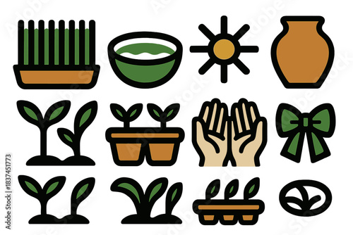 Spring Renewal Icons. Spring Renewal Ritual silhouette set: sabzeh sprouts, water bowl, sunlight rays, clay pot, green shoots, seed tray, gentle hands, ribbon tie