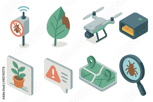 Smart Pest Monitoring Icons. Smart Pest Monitoring flat icons: insect sensor, leaf damage icon, drone camera, trap device, plant health chart, alert notification, field map,