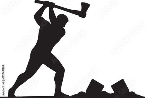 Powerful silhouette of a lumberjack swinging an axe, actively engaged in chopping wood, demonstrating strength and skilled manual labor.