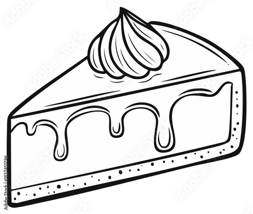 Vector line art illustration of a sweet dessert slice of cake with icing and whipped cream