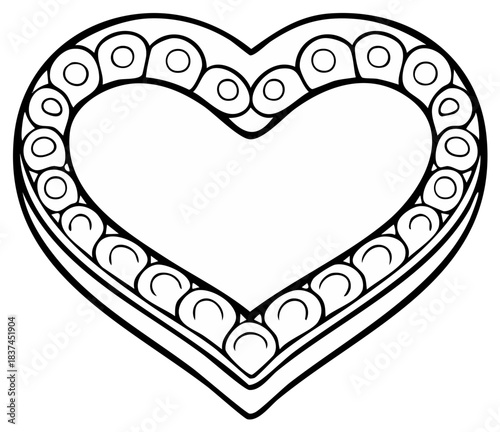 Intricate heart outline with decorative zentangle patterns for coloring book page