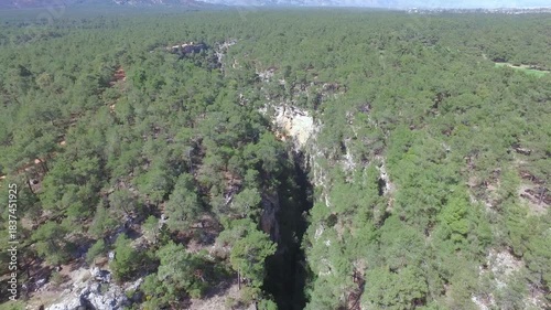 Aerial drone view of narrow rift canyon and broken depression valley in a sunny summer pine forest. Uninhabited woodland terrain reveals a bright season landscape with a remote chasm seen from above.