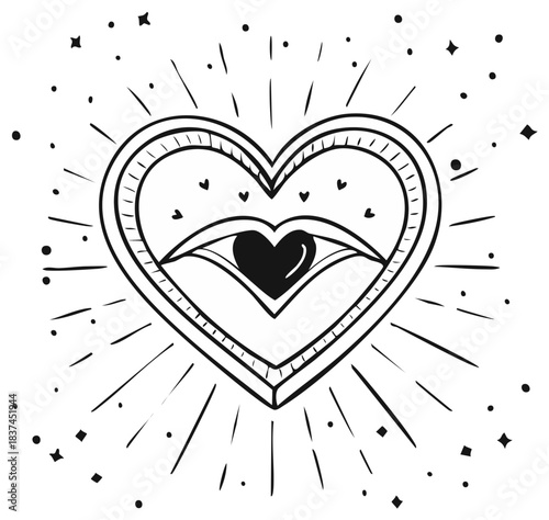 Heart shape with an eye symbol and radiating lines and stars