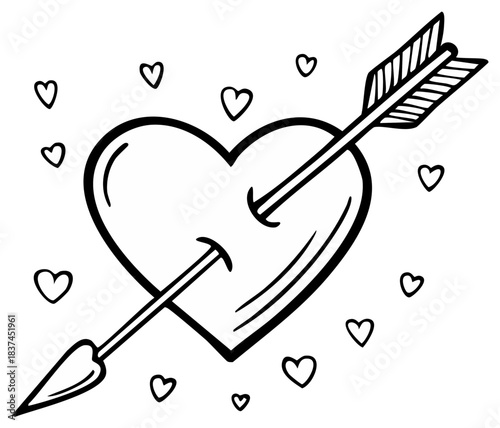 Hand Drawn Heart Pierced by Arrow with Small Hearts Scattered