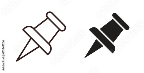 Push pin icons design is in black and white, line stock illustration