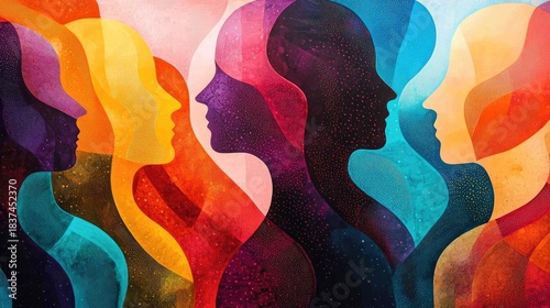 Abstract art of multiple colorful human silhouettes symbolizing connection, empathy, and collective thought AI Generative