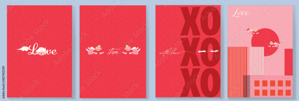 Naklejka premium Bright red Valentine collection featuring cute cupids, playful Love typography, airplane flying over cityscape. Great for posters, cards, branding, packaging and social media visuals.