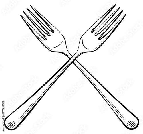 Black and white illustration of two crossed forks. Silverware, eating utensils for food service in a restaurant setting.