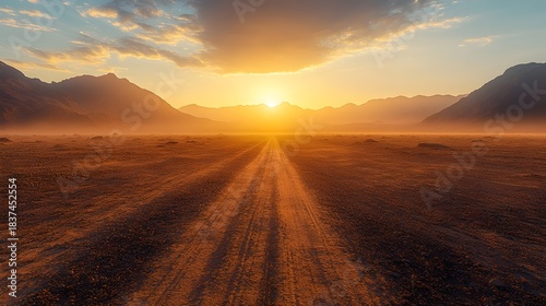 A breathtaking desert landscape at sunset, featuring a road stretching into the horizon. The warm colors of the sky contrast beautifully with the earthy tones of the terrain.