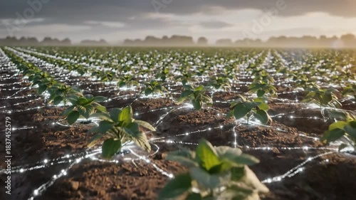 Smart farming field connecting plants with digital network technology for sustainable growth