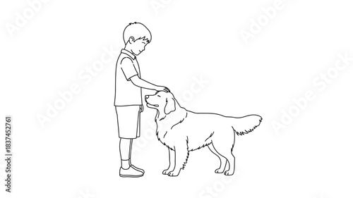A charming line drawing depicts a young boy tenderly interacting with a golden retriever