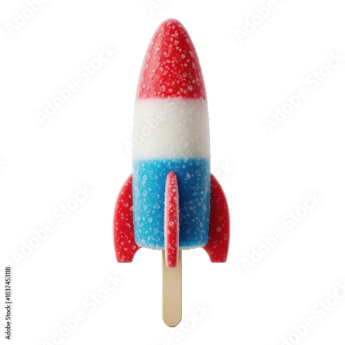 Perfectly formed, frosty rocket-shaped ice pop with vibrant red, white, and blue layers on a transparent background with copy space, evoking summer nostalgia and patriotism, concept for refreshing