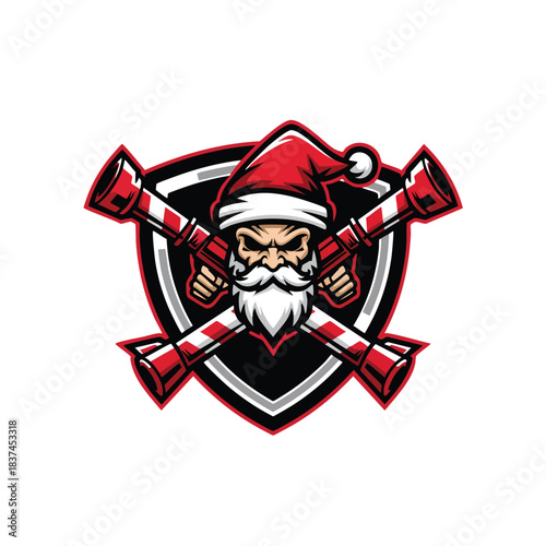 Aggressive Santa Claus Mascot Logo with Crossed Weapons and Baseball Bats Emblem for Sport Teams.