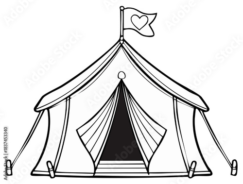 Hand-drawn illustration of a circus tent with a heart flag and guy ropes