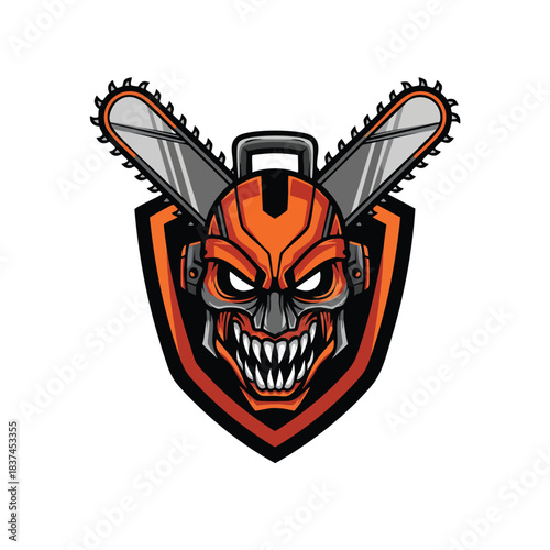 Terrifying Chainsaw Skull Mascot Logo Design for E-sports Team or Extreme Sports Brand Identity Illustration.