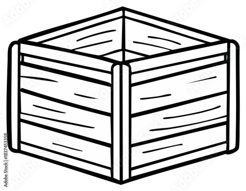 Simple hand drawn illustration of an empty wooden box or rustic storage crate