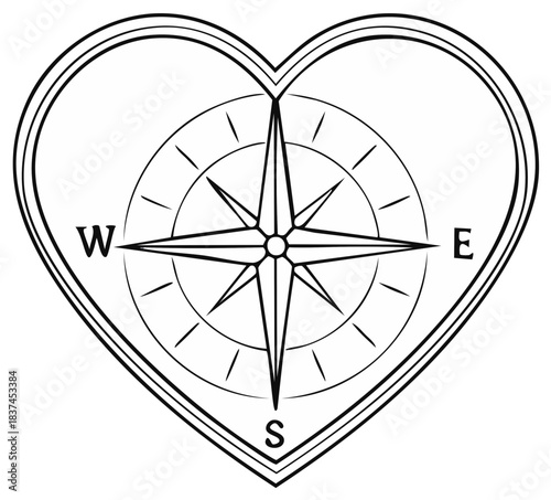 Heart Shaped Compass Rose Line Art Illustration for Love, Travel, and Guidance Concept