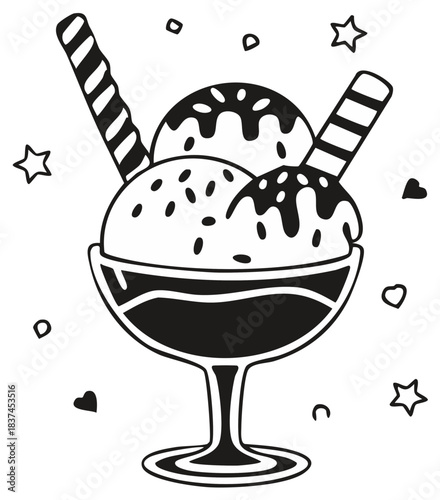 Cartoon ice cream sundae in a glass with sprinkles and wafers simple black and white line art illustration for coloring