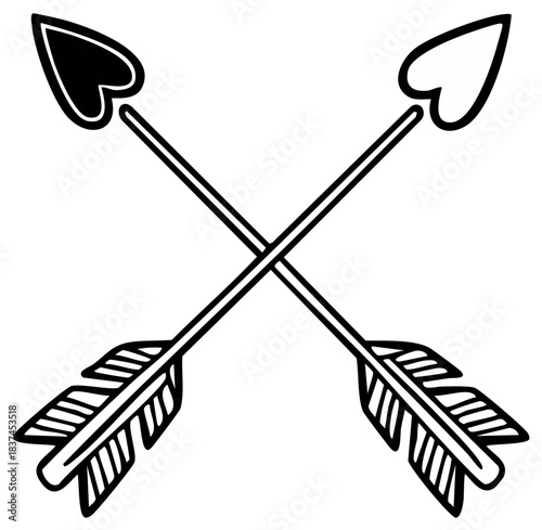 Crossed cupid arrows with heart shaped arrowheads black and white romantic vector icon