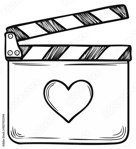 Hand drawn clapperboard with a heart symbol doodle style representing love for cinema