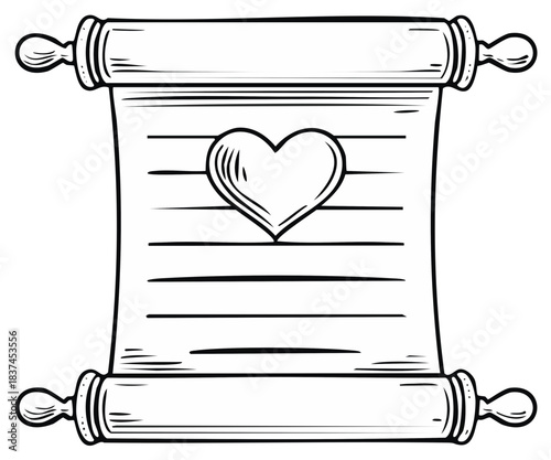 Outline drawing of an ancient scroll with a heart symbol and lines for a message or love letter