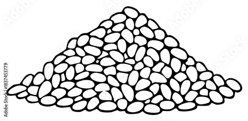 Pile of smooth stones or grains hand drawn black and white line art illustration