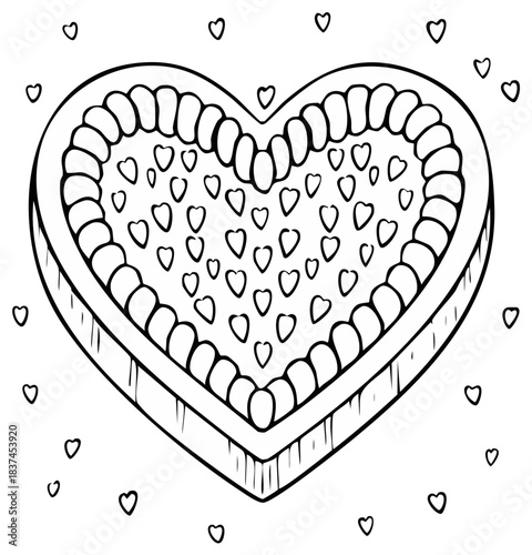 Line art illustration of a heart shaped box of chocolates for Valentine's Day