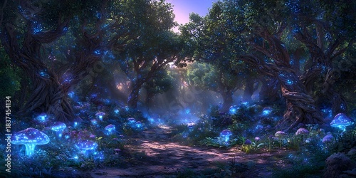 A mystical forest illuminated by glowing blue mushrooms, surrounded by ancient trees with twisting branches, creating an enchanting atmosphere filled with wonder.