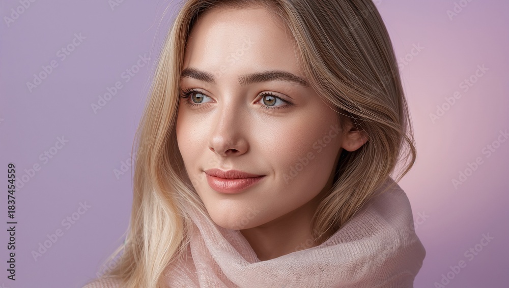 Naklejka premium A close up portrait of a young blonde woman looking sideways with a light pink scarf around her neck