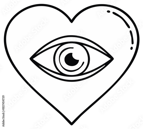Black and white heart shape with an eye in the center, graphic symbol