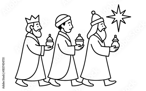 Three wise men following star outline illustration