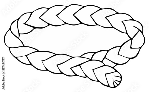 Simple hand drawn braided loop illustration, black and white line art of a woven plait