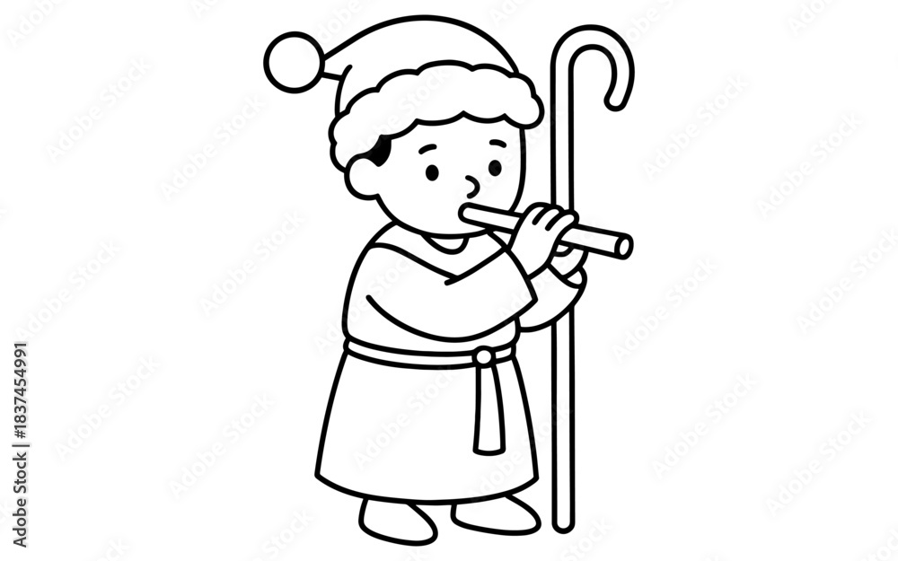 Obraz premium Cute christmas shepherd boy playing flute in cartoon style