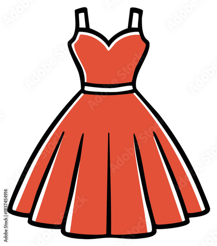 Vibrant red retro style dress illustration with sweetheart neckline and pleated skirt