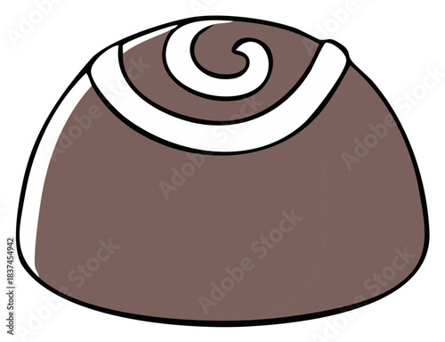 Stylized chocolate bonbon candy with a decorative white swirl icon