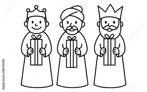 Line art of three wise men with gifts