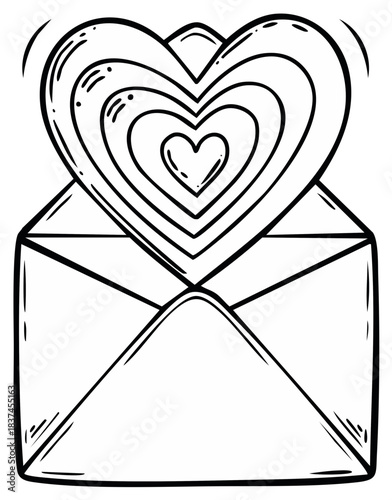 Hand drawn open envelope revealing multiple concentric hearts symbolizing love and romantic message