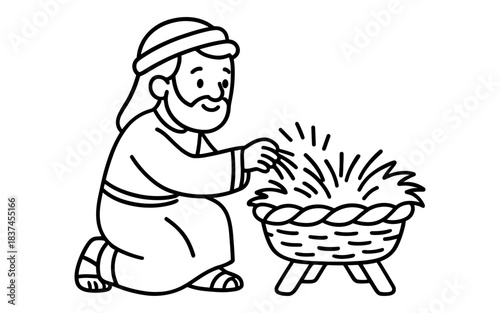 Nativity scene coloring page with shepherd adoring manger