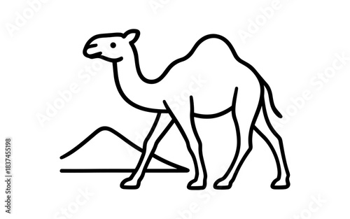 Minimalist black outline camel in desert with dune