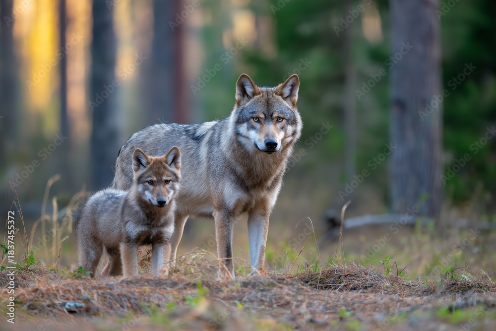 Naklejka premium Wolves in a forest setting